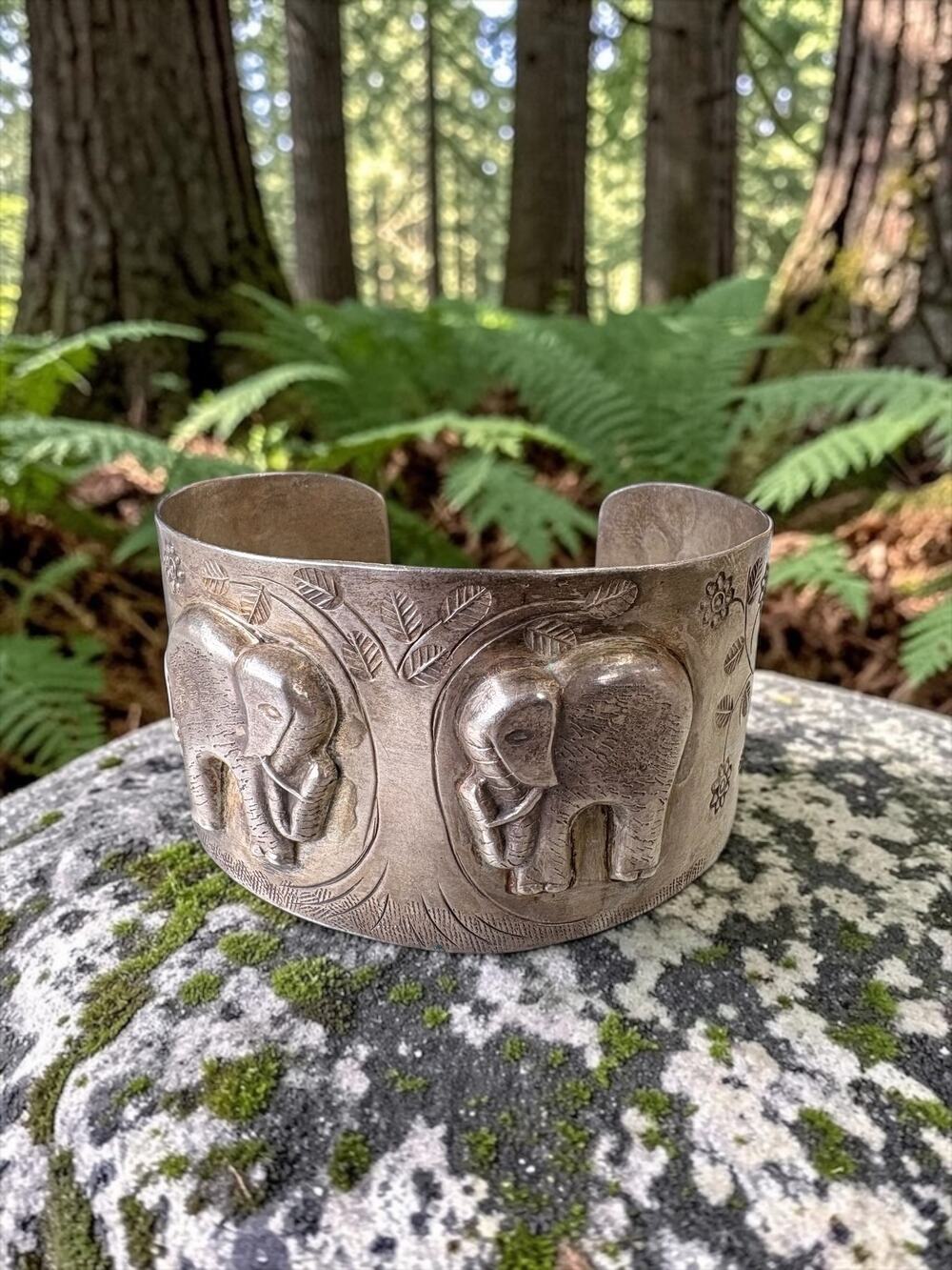 Vintage Sterling Silver Repoussé Wide Cuff Bracelet Elephant Motif and Engraved